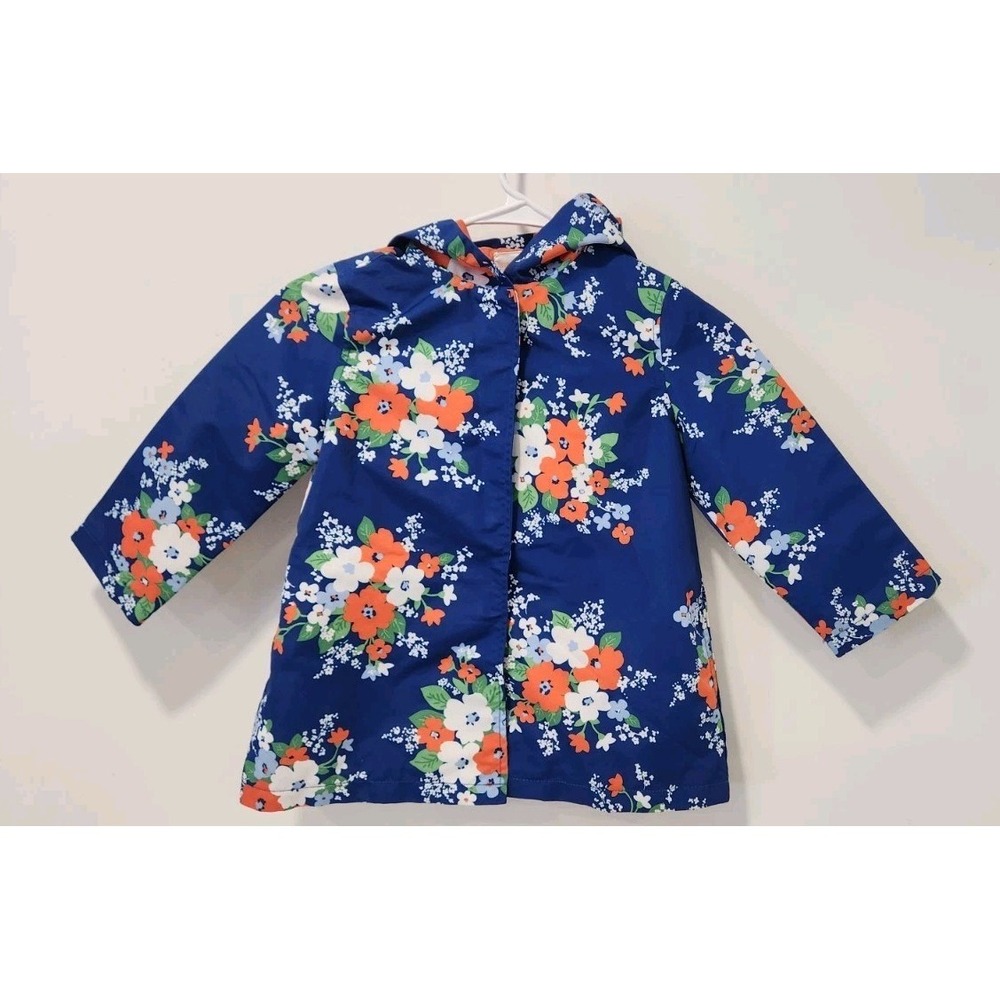 Gymboree  3T/4T Rain Coat SPRING FLOWERS Blue White Orange Pocket  Hooded Jacket